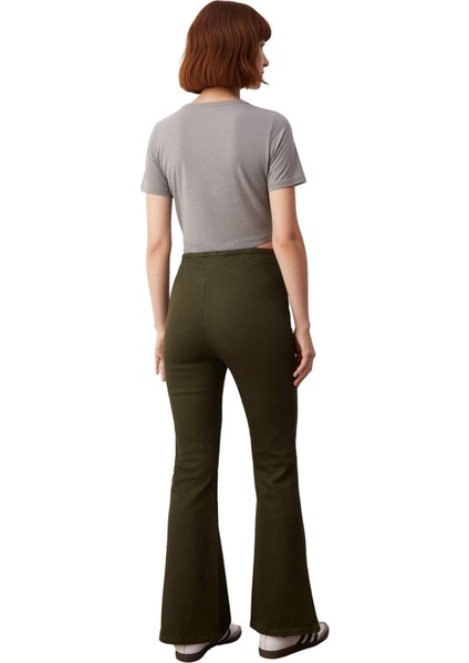 Kadın Haki Gabardin Bağcıklı Flare Pantolon Fonksiyonel Dayanıklı Kaliteli Konforlu Modern indirimleri