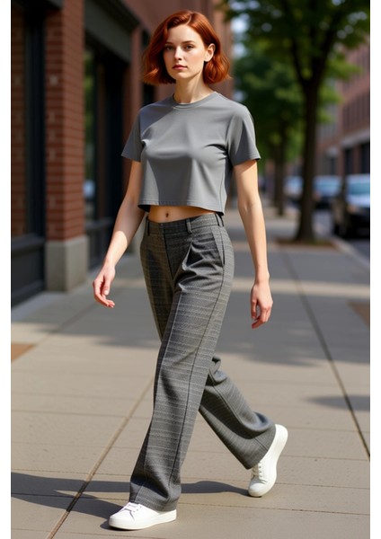 Kadın Ekose Desenli Geniş Paça Dokuma Pantolon Fonksiyonel Dayanıklı Kaliteli Konforlu Şık