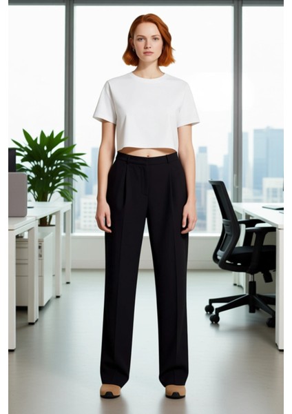 Kadın Düz Desenli Geniş Paça Koyu Kahve Pantolon Fonksiyonel Dayanıklı Kaliteli Konforlu Şık