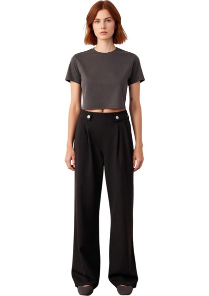 Kadın Antrasit Düğmeli Wide Leg Örme Pantolon Fonksiyonel Dayanıklı Kaliteli Konforlu Spor fırsatları