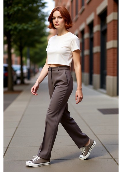 Kadın Yüksek Bel Düz Kesim Nervür Detaylı Dokuma Pantolon Fonksiyonel Dayanıklı Kaliteli Şık