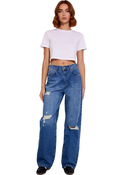 Genç Kadın Yırtıklı Geniş Paça Jean Fonksiyonel Dayanıklı Kaliteli Konforlu Estetik Modern