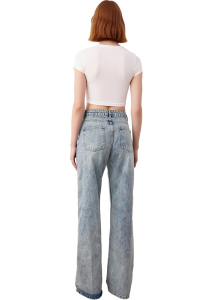 Kadın Yüksek Bel Geniş Paça Denim Pantolon Fonksiyonel Dayanıklı Kaliteli Konforlu Estetik indirimleri