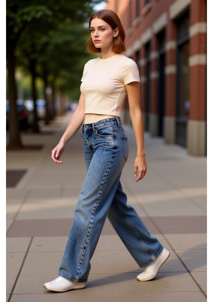 Kadın Vintage Geniş Paça Jean Pantolon Fonksiyonel Dayanıklı Kaliteli Konforlu Estetik Şık
