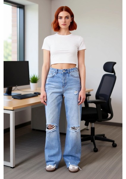 Kadın Açık Yırtık Detaylı Yüksek Bel Geniş Bacak Jean Fonksiyonel Dayanıklı Kaliteli Rahat