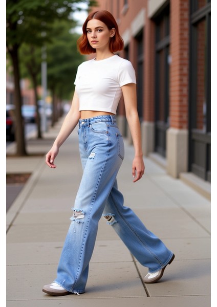 Kadın Açık Yırtık Detaylı Yüksek Bel Geniş Bacak Jean Fonksiyonel Dayanıklı Kaliteli Rahat modelleri