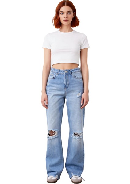 Kadın Açık Yırtık Detaylı Yüksek Bel Geniş Bacak Jean Fonksiyonel Dayanıklı Kaliteli Rahat fırsatları