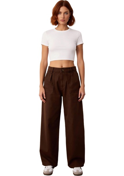 Kadın Haki Gabardin Yüksek Bel Geniş Paça Pantolon Fonksiyonel Dayanıklı Kaliteli Konforlu fırsatları