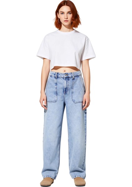 Kadın Cep Detaylı Barrel Kesim Baggy Jean Pantolon Fonksiyonel Dayanıklı Kaliteli Konforlu fırsatları