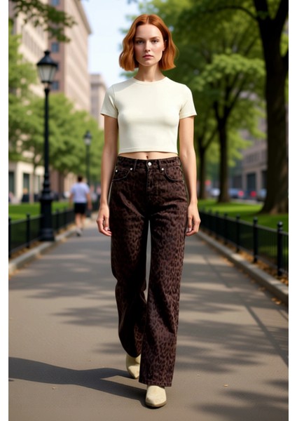 Kadın Leopar Desenli Yüksek Bel Uzun Paça Denim Pantolon Fonksiyonel Dayanıklı Kaliteli Şık fiyatları