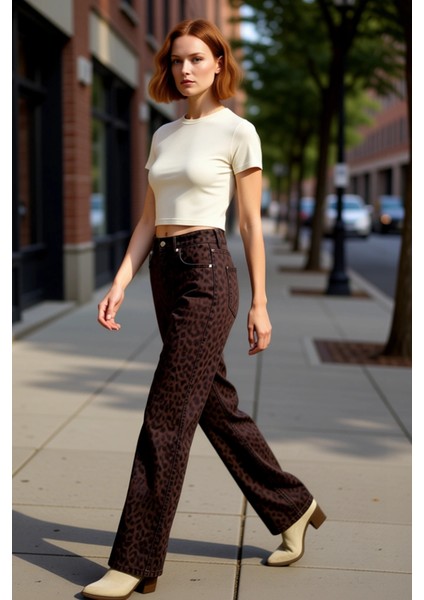 Kadın Leopar Desenli Yüksek Bel Uzun Paça Denim Pantolon Fonksiyonel Dayanıklı Kaliteli Şık modelleri