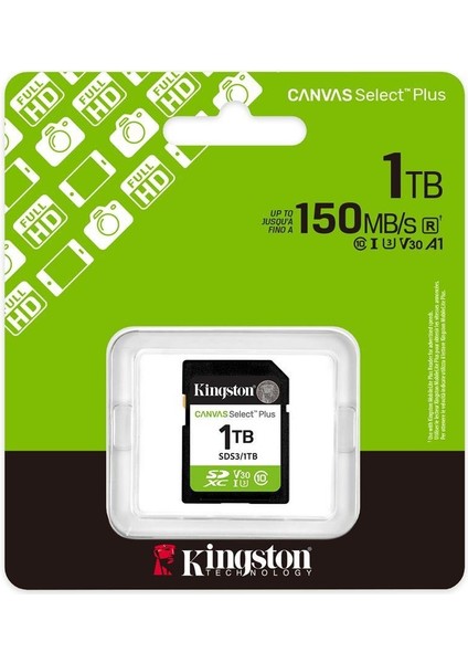 Kingston Sds3-1tb 1tb Sdxc Canvas Select Plus Gen3 150MB-S C10 Uhs-I U3 V30 Hafıza Kartı
