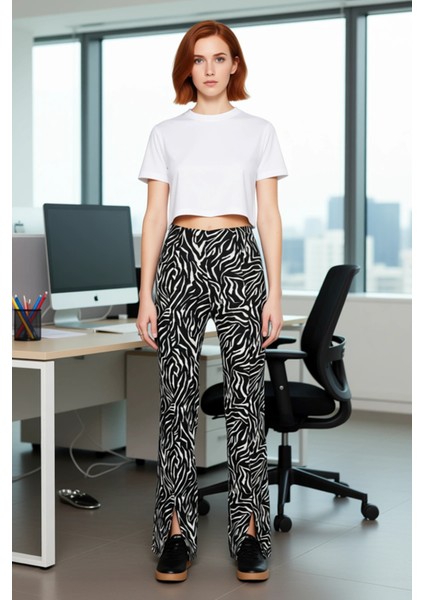 Kadın Yüksek Bel Yırtmaçlı Flare Pantolon Zebra Desenli Fonksiyonel Dayanıklı Kaliteli Şık