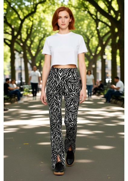 Kadın Yüksek Bel Yırtmaçlı Flare Pantolon Zebra Desenli Fonksiyonel Dayanıklı Kaliteli Şık fiyatları