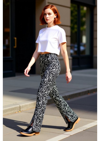 Kadın Yüksek Bel Yırtmaçlı Flare Pantolon Zebra Desenli Fonksiyonel Dayanıklı Kaliteli Şık modelleri