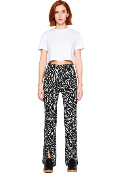 Kadın Yüksek Bel Yırtmaçlı Flare Pantolon Zebra Desenli Fonksiyonel Dayanıklı Kaliteli Şık fırsatları
