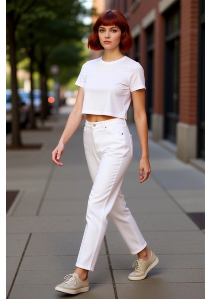 Kadın Açık Yüksek Bel Dar Paça Mom Jean Pantolon Fonksiyonel Dayanıklı Kaliteli Konforlu Şık