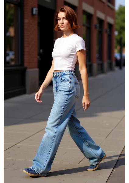 Kadın Açık Yüksek Bel Geniş Paça Denim Pantolon Fonksiyonel Dayanıklı Kaliteli Konforlu Şık