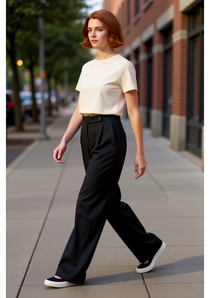 Kadın Geniş Paça Yüksek Bel Dokuma Pantolon Fonksiyonel Dayanıklı Kaliteli Konforlu Modern