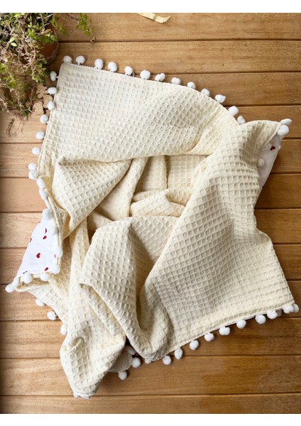 Kalp Desenli Çift Katlı Müslin ve Waffle Kumaş Alt Açma , Yastık ve Battaniye 3'lü Set 40 x 70 Tek Ebat modelleri