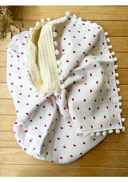 Kalp Desenli Çift Katlı Müslin ve Waffle Kumaş Alt Açma , Yastık ve Battaniye 3'lü Set 40 x 70 Tek Ebat fırsatları