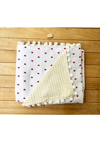 Kalp Desenli Çift Katlı Müslin ve Waffle Kumaş Alt Açma , Yastık ve Battaniye 3'lü Set 40 x 70 Tek Ebat indirimleri