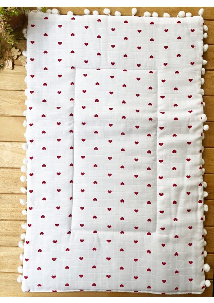 Kalp Desenli Çift Katlı Müslin ve Waffle Kumaş Alt Açma , Yastık ve Battaniye 3'lü Set 40 x 70 Tek Ebat
