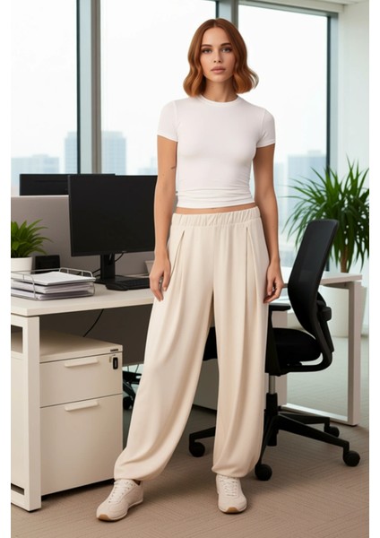 Kadın Pileli Şalvar Kesim Örme Pantolon Antrasit Modal Fonksiyonel Dayanıklı Kaliteli Spor