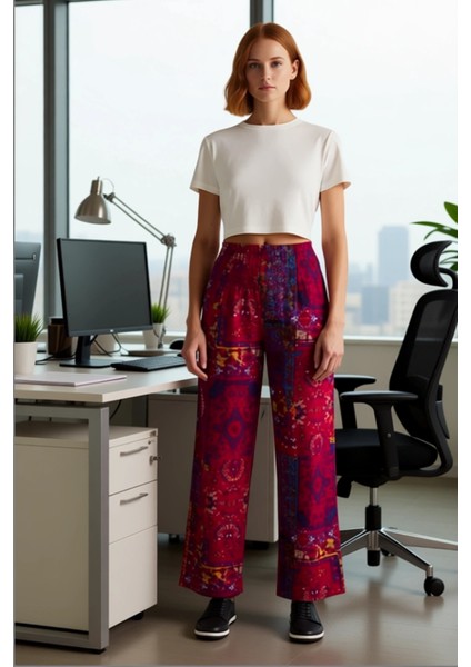 Kadin Viskoz Etnik Desenli Yüksek Bel Bol Kesim Pantolon Fonksiyonel Dayanıklı Kaliteli Şık