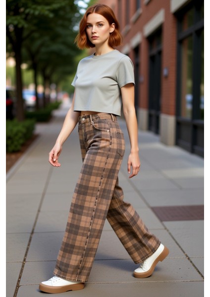 Kadın Ekose Desenli Geniş Paça Denim Pantolon Normal Bel Fonksiyonel Dayanıklı Kaliteli Şık