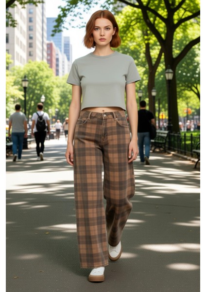 Kadın Ekose Desenli Geniş Paça Denim Pantolon Normal Bel Fonksiyonel Dayanıklı Kaliteli Şık modelleri