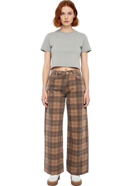 Kadın Ekose Desenli Geniş Paça Denim Pantolon Normal Bel Fonksiyonel Dayanıklı Kaliteli Şık fırsatları