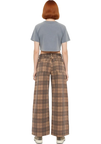 Kadın Ekose Desenli Geniş Paça Denim Pantolon Normal Bel Fonksiyonel Dayanıklı Kaliteli Şık indirimleri