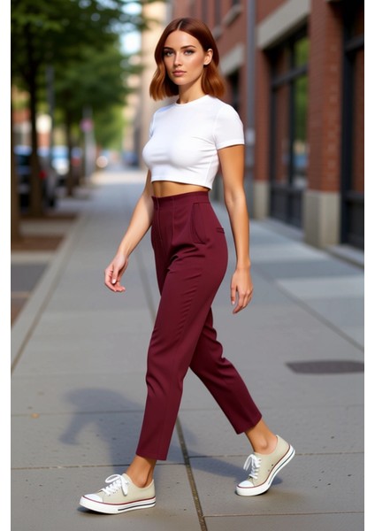 Kadın Cigarette Kalıp Yüksek Bel Pensli Dokuma Pantolon Fonksiyonel Dayanıklı Kaliteli Şık