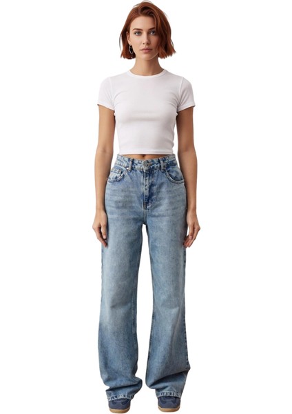 Kadın Açık Yüksek Bel Geniş Paça Denim Pantolon Fonksiyonel Dayanıklı Kaliteli Konforlu Şık fırsatları