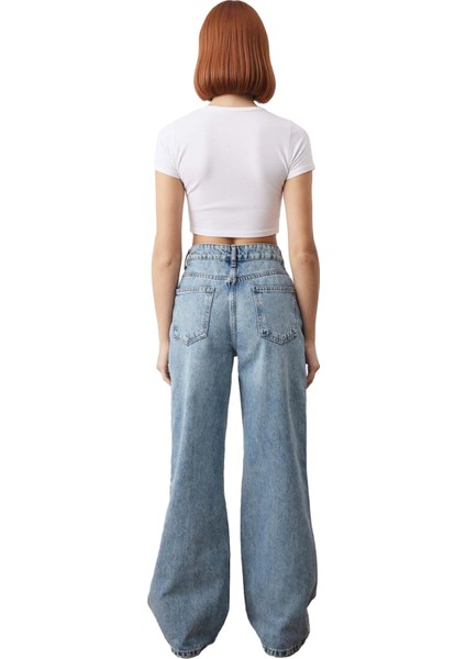 Kadın Açık Yüksek Bel Geniş Paça Denim Pantolon Fonksiyonel Dayanıklı Kaliteli Konforlu Şık indirimleri