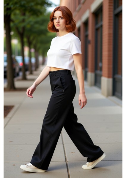 Kadın Yüksek Bel Straight Fit Pamuklu Pantolon Fonksiyonel Dayanıklı Kaliteli Konforlu Şık