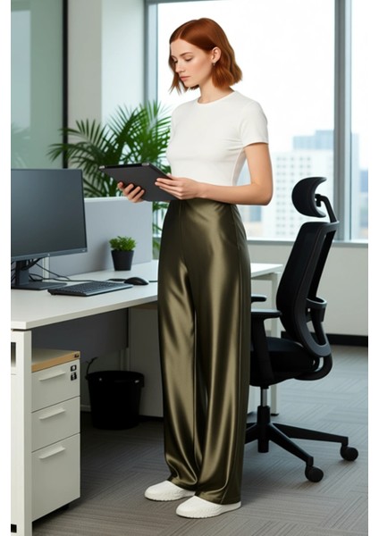 Kadın Haki Saten Örme Wideleg Pantolon Fonksiyonel Dayanıklı Kaliteli Konforlu Estetik Şık