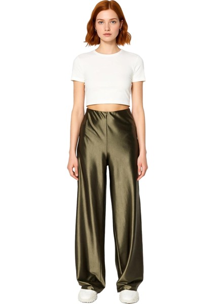 Kadın Haki Saten Örme Wideleg Pantolon Fonksiyonel Dayanıklı Kaliteli Konforlu Estetik Şık fırsatları