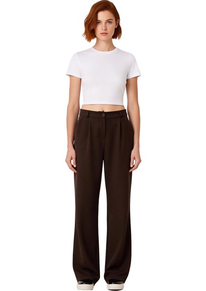 Kadın Haki Yüksek Bel Geniş Paça Dokuma Pantolon Fonksiyonel Dayanıklı Kaliteli Konforlu Şık fırsatları