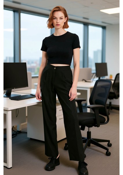 Kadın Yüksek Bel Düz Kesim Poliviskon Kumaş Pantolon Fonksiyonel Dayanıklı Kaliteli Modern