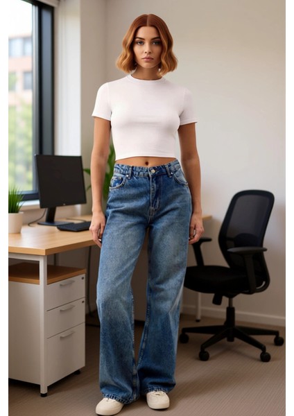 Kadın Yüksek Bel Bol Paça Denim Pantolon Fonksiyonel Dayanıklı Kaliteli Konforlu Estetik Şık