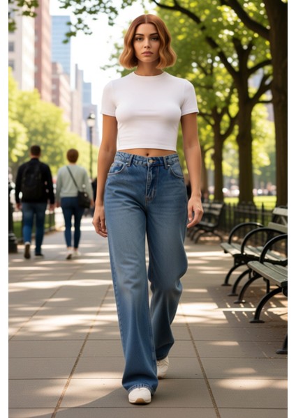 Kadın Yüksek Bel Bol Paça Denim Pantolon Fonksiyonel Dayanıklı Kaliteli Konforlu Estetik Şık fiyatları