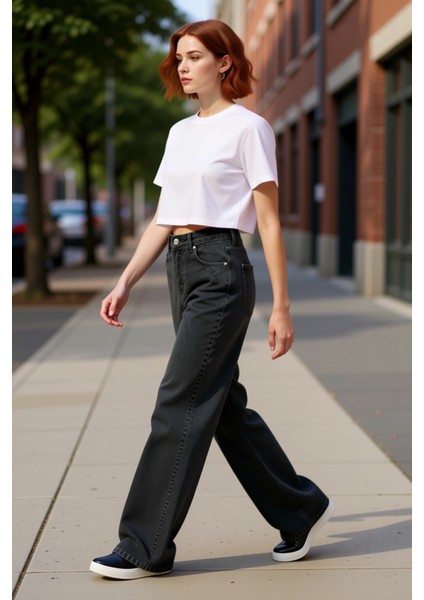 Kadın Vintage Yıkama Geniş Paça Denim Pantolon Fonksiyonel Dayanıklı Kaliteli Konforlu Şık