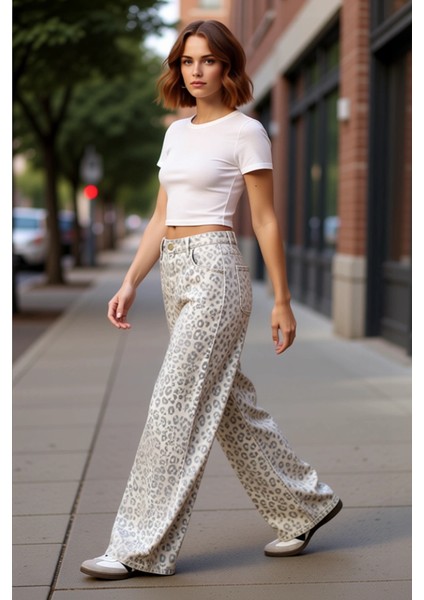 Kadın Ekose Desenli Geniş Paça Denim Pantolon Normal Bel Fonksiyonel Dayanıklı Kaliteli Şık