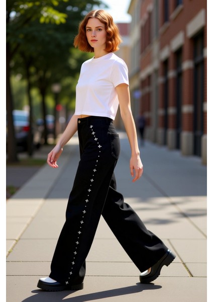 Kadın Geniş Paça Taş Detaylı Denim Pantolon Fonksiyonel Dayanıklı Kaliteli Konforlu Modern