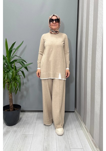 Yakası Yırtmaçlı Triko Tunik Vizon T25PF-6002