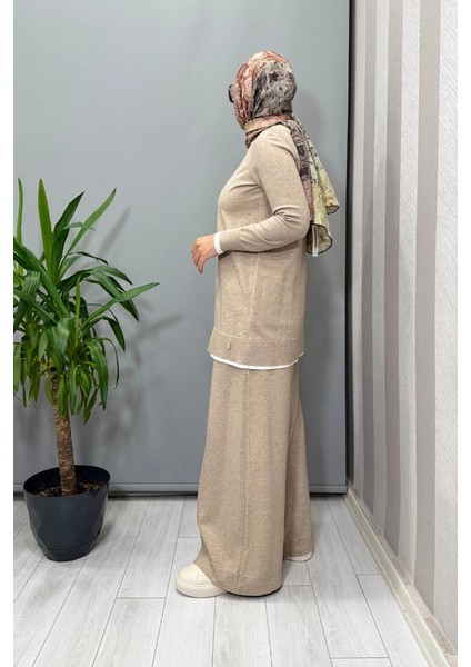 Yakası Yırtmaçlı Triko Tunik Vizon T25PF-6002 fiyatları