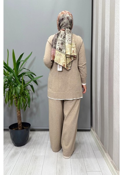 Yakası Yırtmaçlı Triko Tunik Vizon T25PF-6002 modelleri