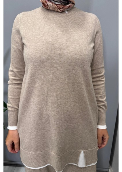 Yakası Yırtmaçlı Triko Tunik Vizon T25PF-6002 fırsatları